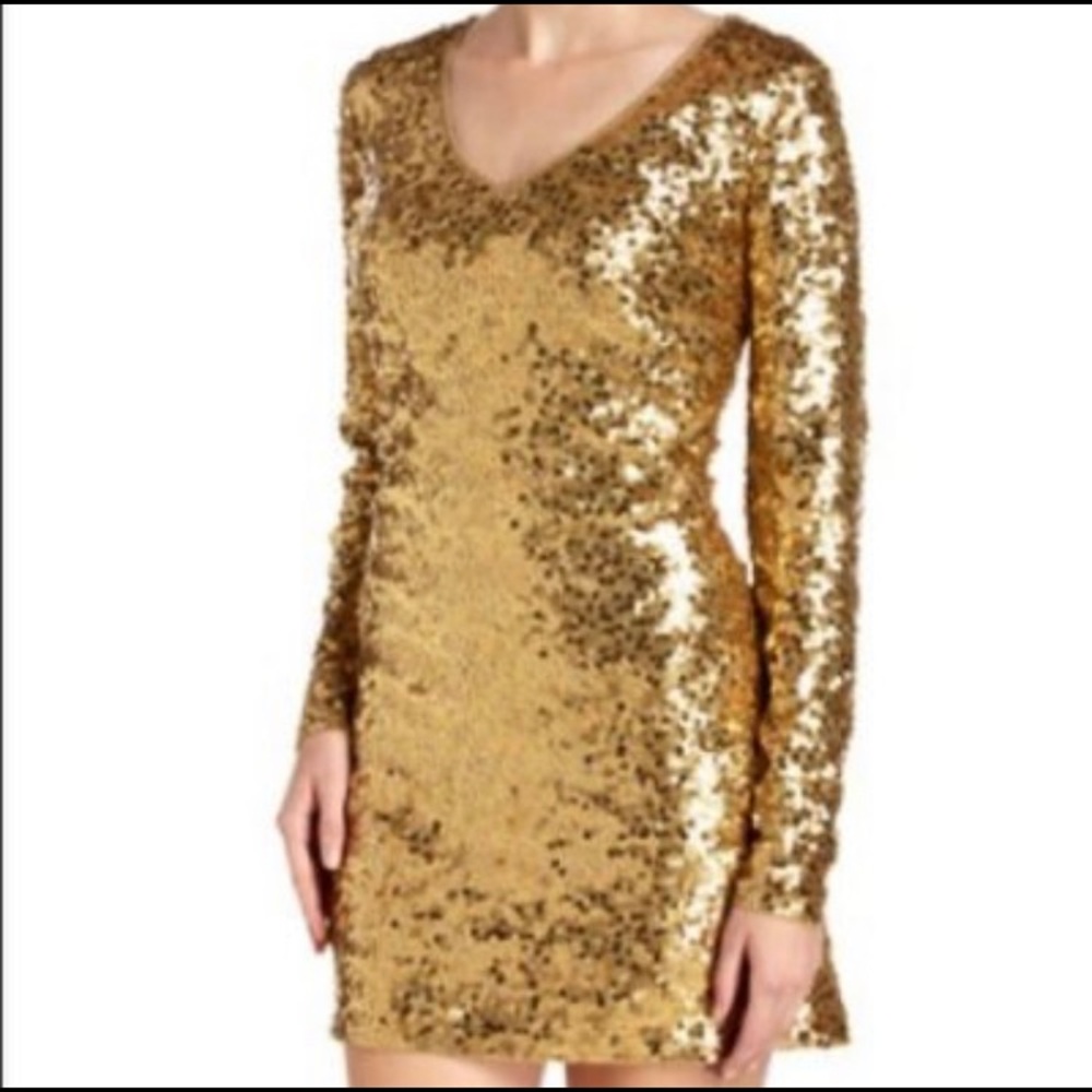 MK Gold Sequin Long Sleeve V-neck Mini Dress S